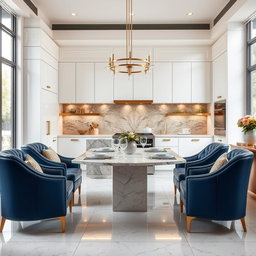 A luxurious modern kitchen dining area featuring sleek white cabinetry with subtle gold accents, set against rich blue leather dining chairs that add a bold contrast