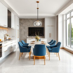 A luxurious modern kitchen dining area featuring sleek white cabinetry with subtle gold accents, set against rich blue leather dining chairs that add a bold contrast