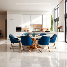 A luxurious modern kitchen dining area featuring sleek white cabinetry with subtle gold accents, set against rich blue leather dining chairs that add a bold contrast