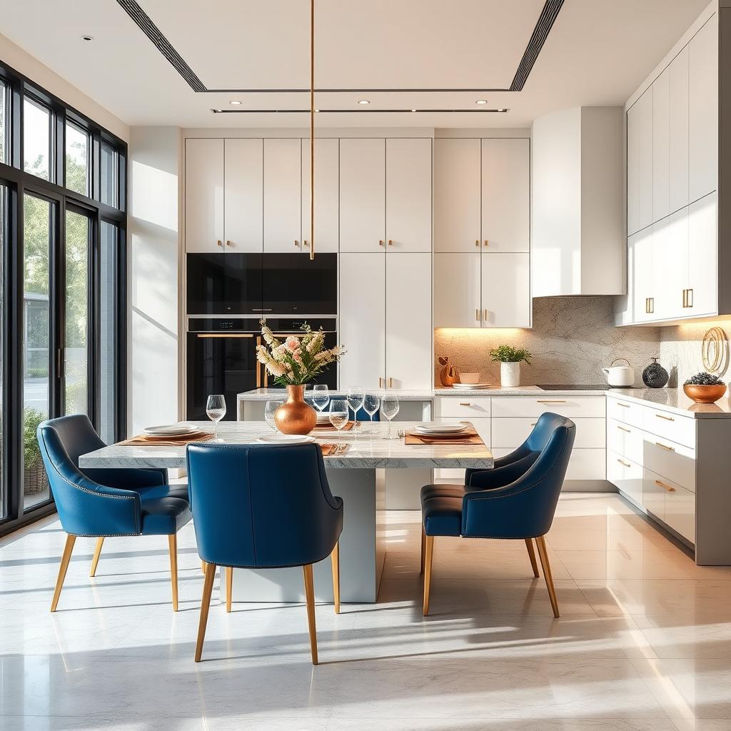 A luxurious modern kitchen dining area featuring sleek white cabinetry with subtle gold accents, set against rich blue leather dining chairs that add a bold contrast