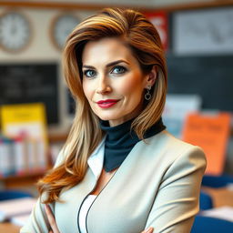 A sexy Russian woman teacher aged 45-50 with long, beautifully styled hair, wearing a modern and fashionable hairstyle