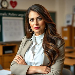 A sexy Russian woman teacher aged 45-50 with long, beautifully styled hair, wearing a modern and fashionable hairstyle