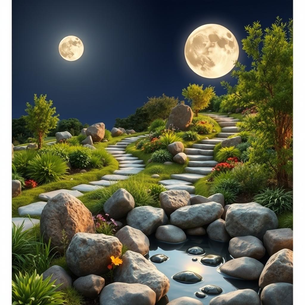A beautifully landscaped garden featuring moon rocks, showcasing their unique textures and colors