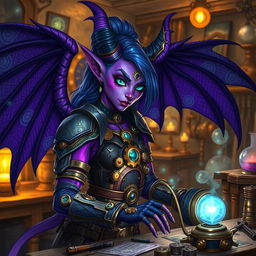 A striking female artificer tiefling with vibrant purple wings showcasing intricate patterns