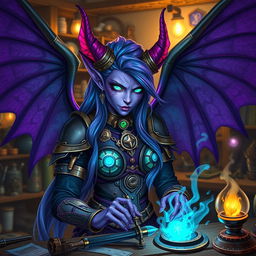 A striking female artificer tiefling with vibrant purple wings showcasing intricate patterns