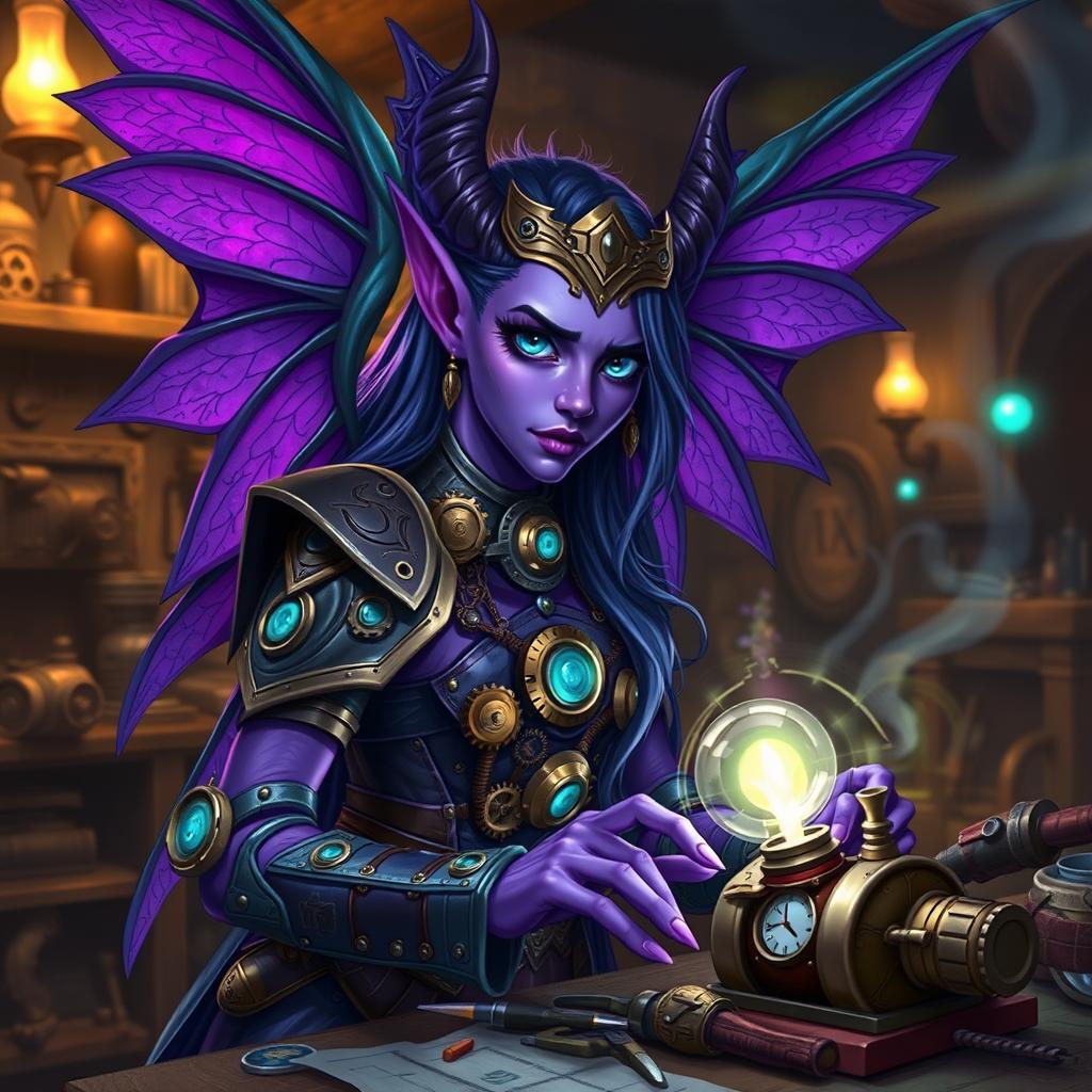A striking female artificer tiefling with vibrant purple wings showcasing intricate patterns