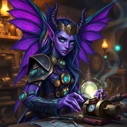 A striking female artificer tiefling with vibrant purple wings showcasing intricate patterns