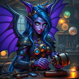 A striking female artificer tiefling with vibrant purple wings showcasing intricate patterns