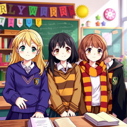 A vibrant classroom scene featuring four girls