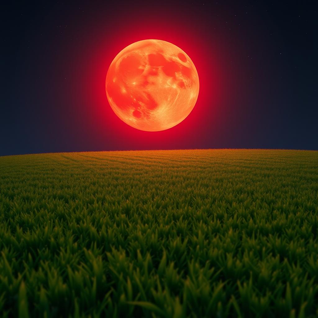 A stunning landscape showcasing a blood moon rising in the night sky, casting a warm, reddish glow over a freshly mowed lawn