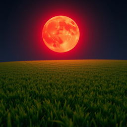 A stunning landscape showcasing a blood moon rising in the night sky, casting a warm, reddish glow over a freshly mowed lawn
