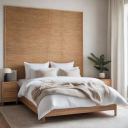 A serene bedroom scene showcasing a beautiful Venetian plaster wall as the backdrop, contrasted with a well-made white linen bed and accented by a natural rattan headboard.