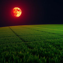 A stunning landscape showcasing a blood moon rising in the night sky, casting a warm, reddish glow over a freshly mowed lawn