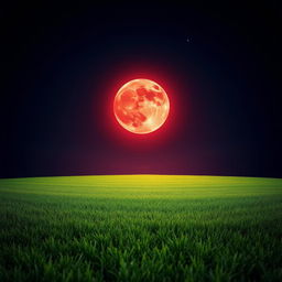 A stunning landscape showcasing a blood moon rising in the night sky, casting a warm, reddish glow over a freshly mowed lawn
