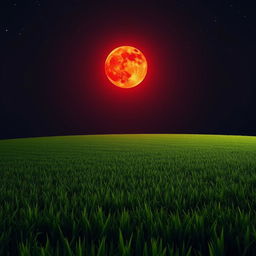 A stunning landscape showcasing a blood moon rising in the night sky, casting a warm, reddish glow over a freshly mowed lawn