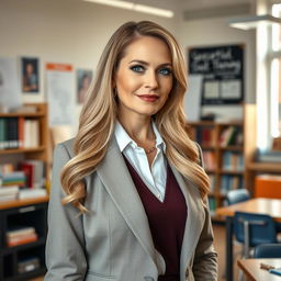 A sexy Russian woman teacher aged 45-50 with long, elegantly styled hair, showcasing a modern and fashionable hairstyle