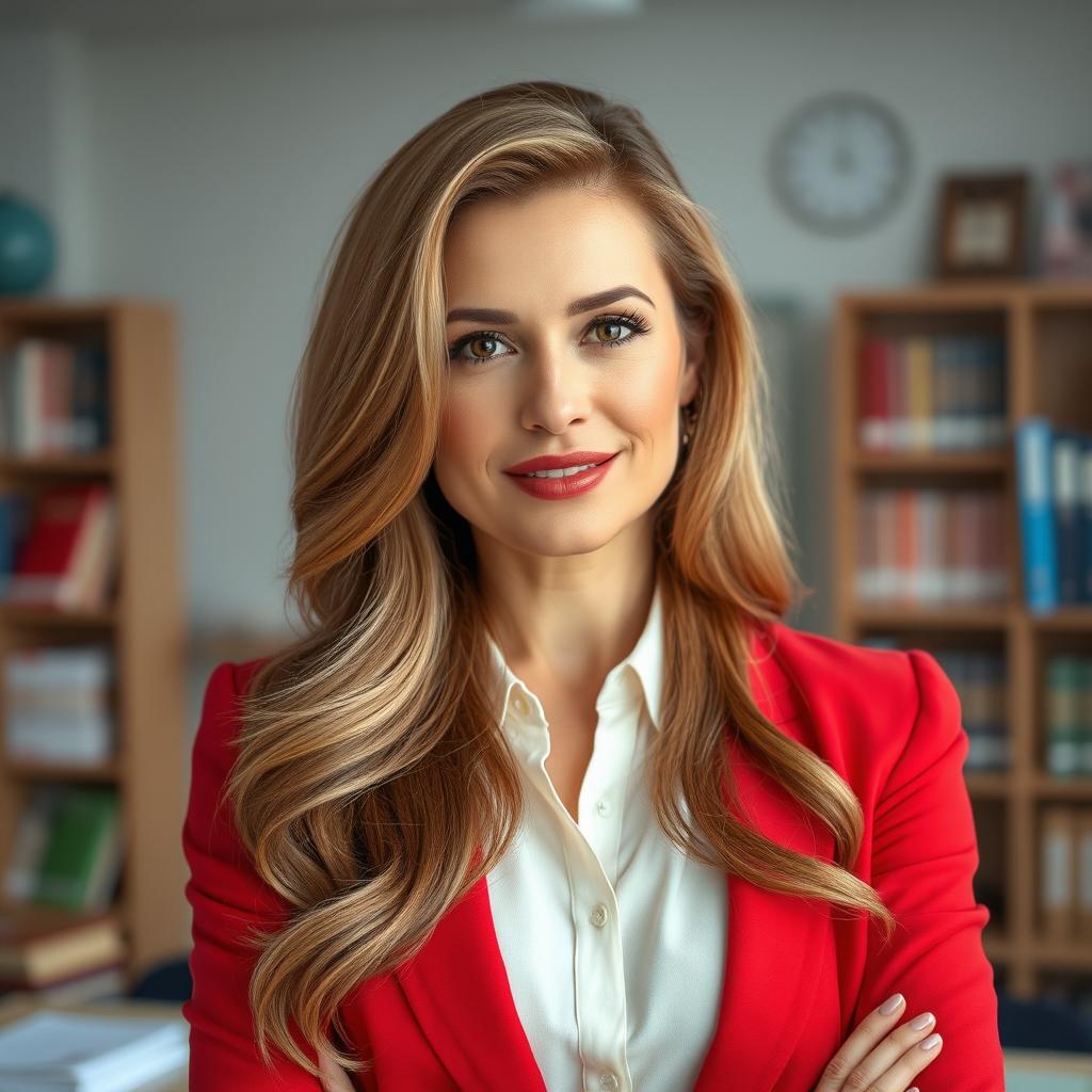 A sexy Russian woman teacher aged 45-50 with long, elegantly styled hair, showcasing a modern and fashionable hairstyle