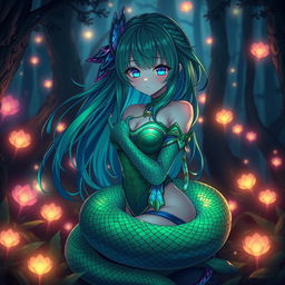 A mesmerizing anime girl with snake features, elegantly coiled around her body, wearing a fantastical outfit inspired by bioluminescent colors and scales