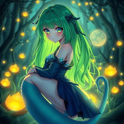A mesmerizing anime girl with snake features, elegantly coiled around her body, wearing a fantastical outfit inspired by bioluminescent colors and scales