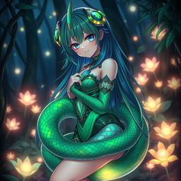 A mesmerizing anime girl with snake features, elegantly coiled around her body, wearing a fantastical outfit inspired by bioluminescent colors and scales