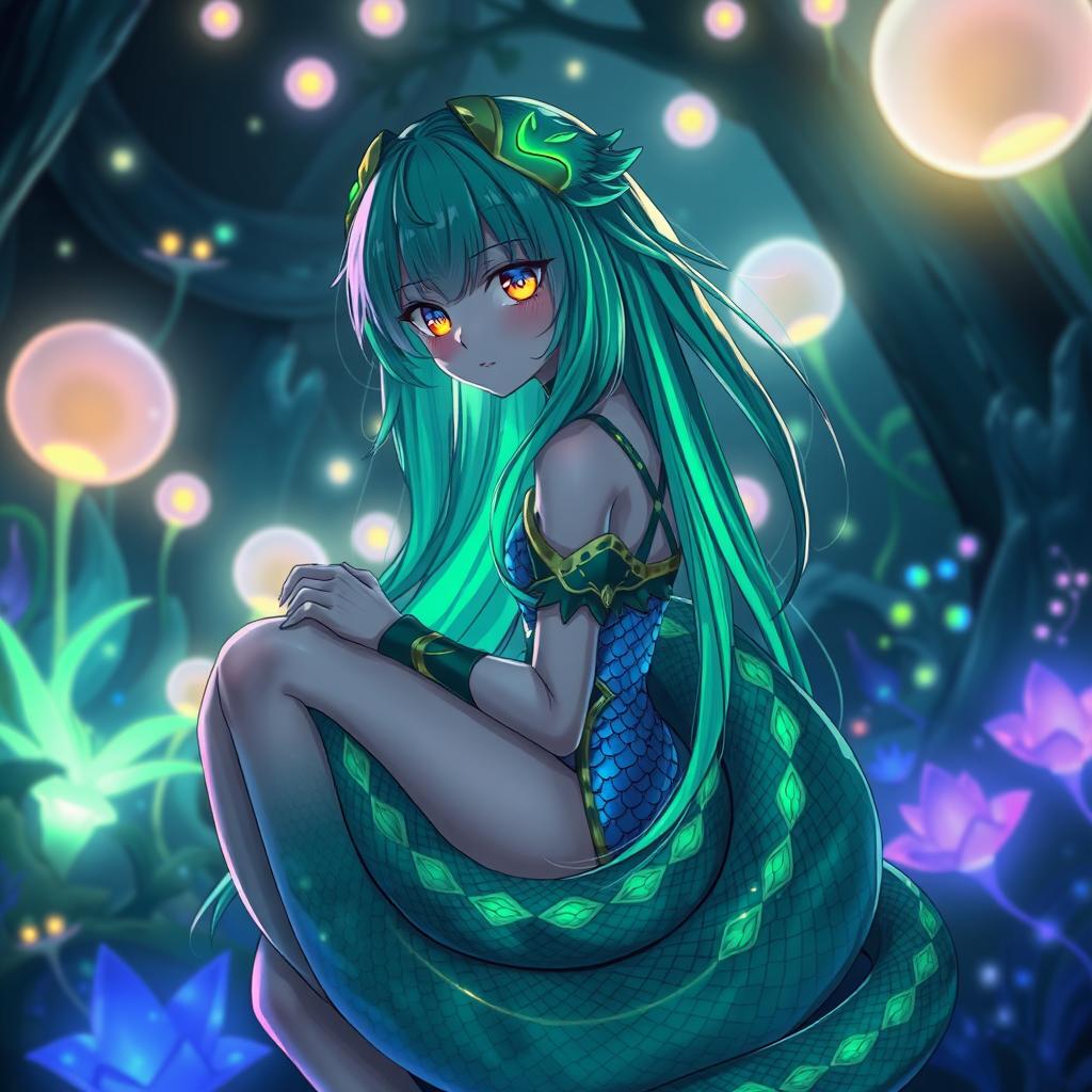 A mesmerizing anime girl with snake features, elegantly coiled around her body, wearing a fantastical outfit inspired by bioluminescent colors and scales