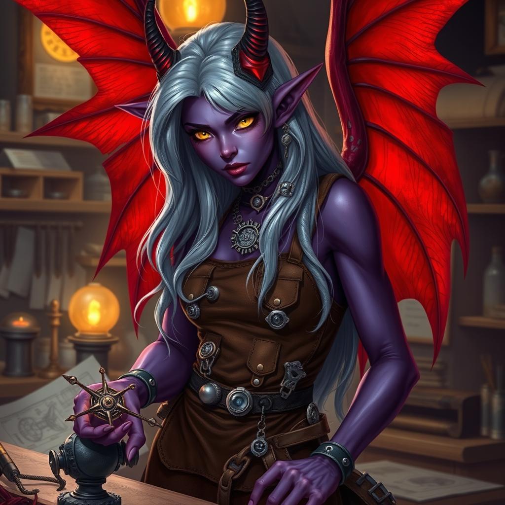 A female tiefling artificer, with striking red wings elegantly unfurled behind her