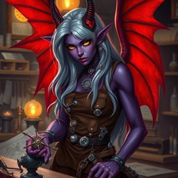A female tiefling artificer, with striking red wings elegantly unfurled behind her