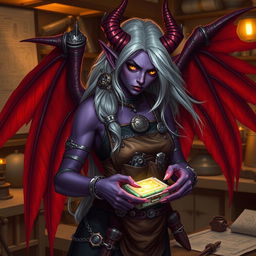 A female tiefling artificer, with striking red wings elegantly unfurled behind her
