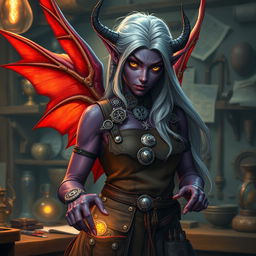A female tiefling artificer, with striking red wings elegantly unfurled behind her