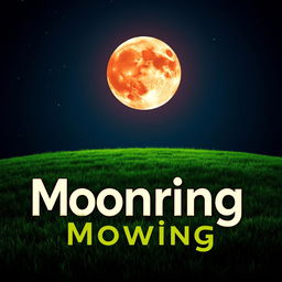 A dramatic bloodmoon rising in the night sky above a lush green lawn