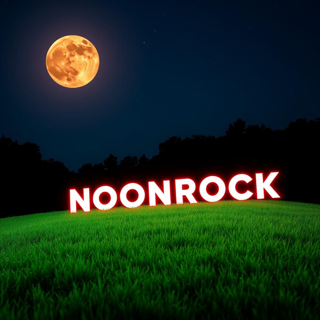 A dramatic bloodmoon rising in the night sky above a lush green lawn
