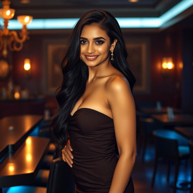 A tall, alluring Indian woman exuding confidence and charm, with long black hair cascading over her shoulders