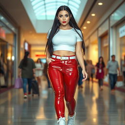 A full length photograph of a stunning and sexy young woman walking towards the camera in a mall setting