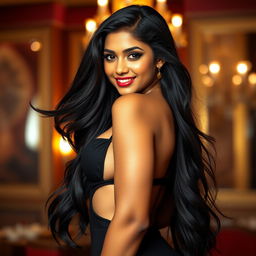 A tall, seductive Indian woman with an air of confidence, featuring long, flowing black hair that gracefully frames her face