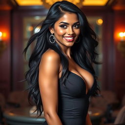 A tall, seductive Indian woman with an air of confidence, featuring long, flowing black hair that gracefully frames her face