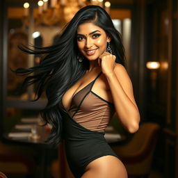 A tall, seductive Indian woman with an air of confidence, featuring long, flowing black hair that gracefully frames her face