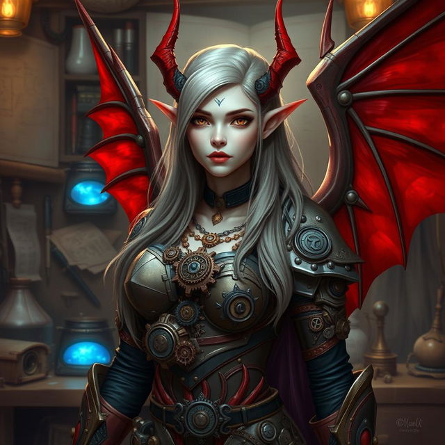 A female tiefling artificer with pale skin and striking red wings