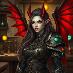 A female tiefling artificer with pale skin and striking red wings
