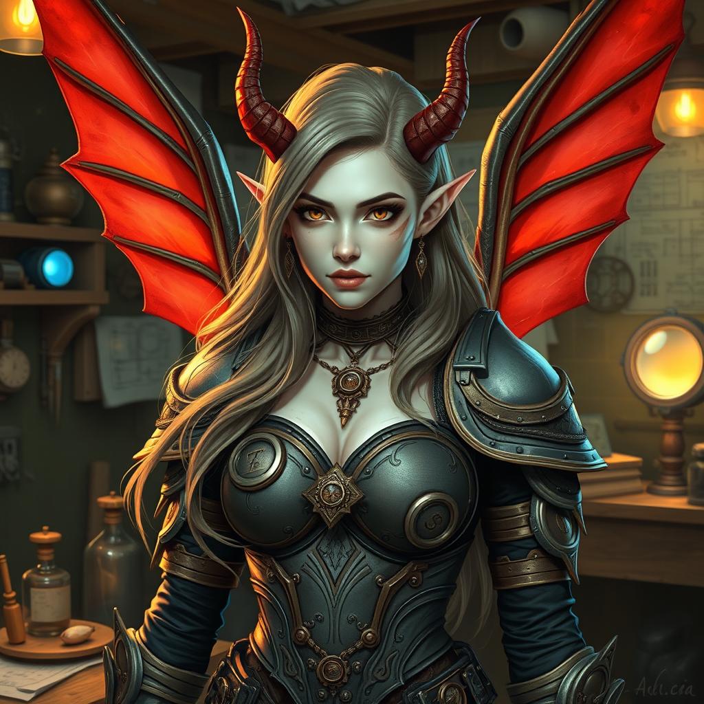 A female tiefling artificer with pale skin and striking red wings