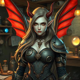 A female tiefling artificer with pale skin and striking red wings