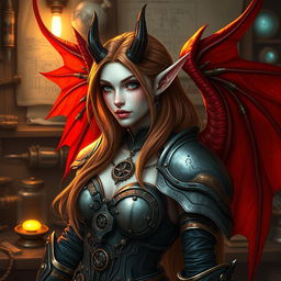 A female tiefling artificer with pale skin and striking red wings