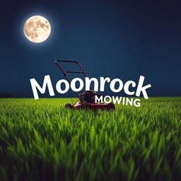 A serene nighttime scene featuring a full moon shining brightly in the sky behind a vintage lawnmower as it mows a lush green field of grass