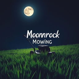 A serene nighttime scene featuring a full moon shining brightly in the sky behind a vintage lawnmower as it mows a lush green field of grass