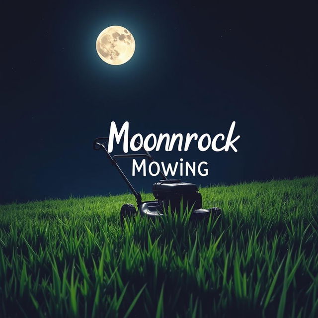 A serene nighttime scene featuring a full moon shining brightly in the sky behind a vintage lawnmower as it mows a lush green field of grass