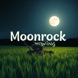 A serene nighttime scene featuring a full moon shining brightly in the sky behind a vintage lawnmower as it mows a lush green field of grass