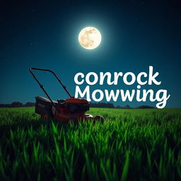 A serene nighttime scene featuring a full moon shining brightly in the sky behind a vintage lawnmower as it mows a lush green field of grass