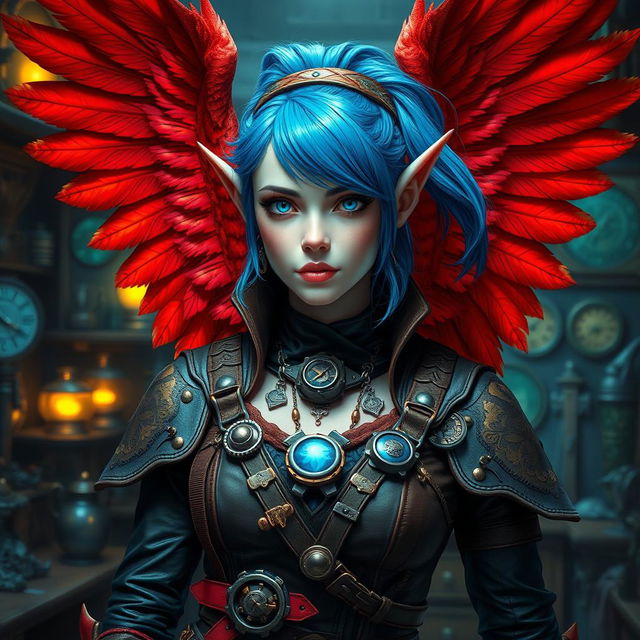 A striking portrait of a female pale tiefling artificer, featuring vibrant blue hair styled in a stylish hair tie