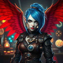 A striking portrait of a female pale tiefling artificer, featuring vibrant blue hair styled in a stylish hair tie