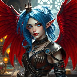 A striking portrait of a female pale tiefling artificer, featuring vibrant blue hair styled in a stylish hair tie