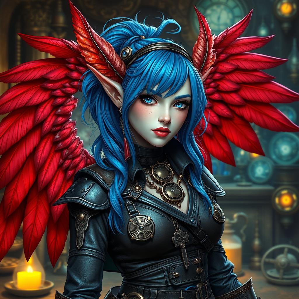 A striking portrait of a female pale tiefling artificer, featuring vibrant blue hair styled in a stylish hair tie